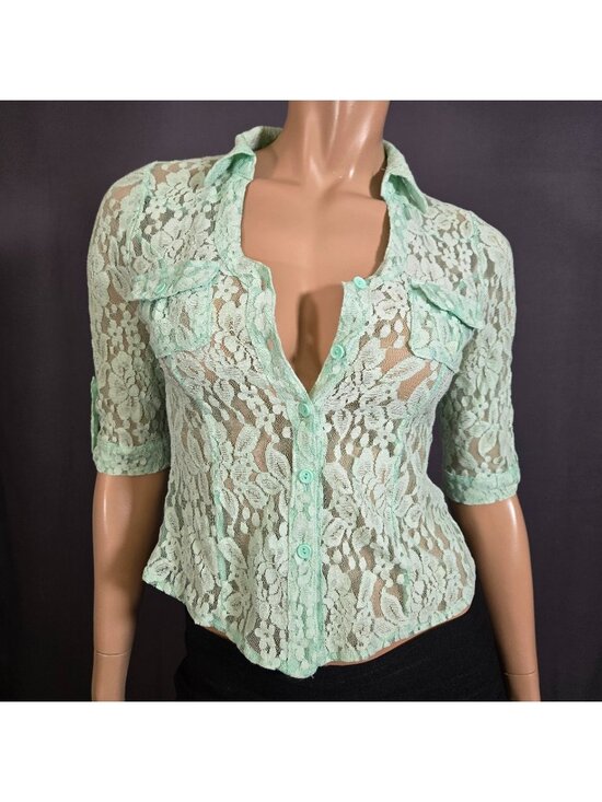Streetwear Society Tops - Y2K Aqua Mint Green Lace Button Up Blouse Size XS Office Siren Fairy Coquette
